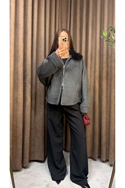 Maysa YAKASI KÜRKLÜ KAŞE CEKET-ANTRASİT