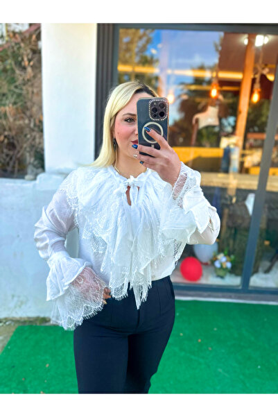 nefes butik Dantel Detaylı Şifon Beyaz Bluz – Şık & Feminen Tasarım