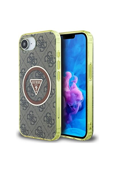 Guess Case for iPhone 16e, IML Metal Glitter 4G Circle Triangle MagSafe, Brown