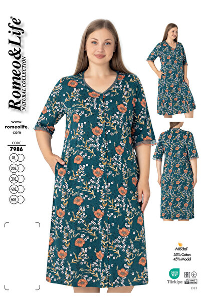 ROMEO LİFE Women's Plus Size Cotton Modal Fabric Patterned Buttoned Dress 7986