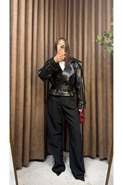 Maysa SİYAH KROKAN DESEN DERİ CEKET