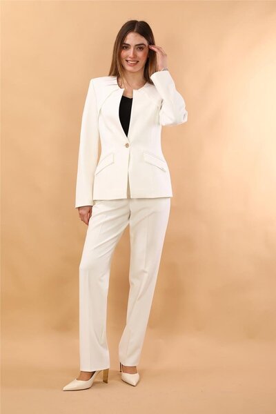 ÖNDER ÖZSOY Zero Collar Single Button Sport Coat & Pockets Piped Leg Pants Wo...