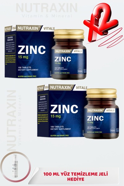 Nutraxin Zinc Sulphate - Çinko Takviyesi 15 Mg 100 Tablet 2 ADET + 100ml Yüz ...