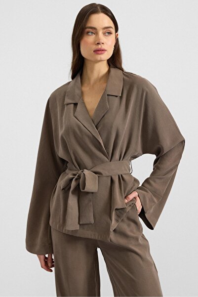 Olcay Oversize Modal Jacket with Belt Tie Haki̇ 8287