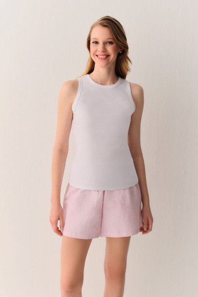 SUWEN Δροσερό βαμβακερό σετ πιτζάμες με σορτς αθλητικού τύπου