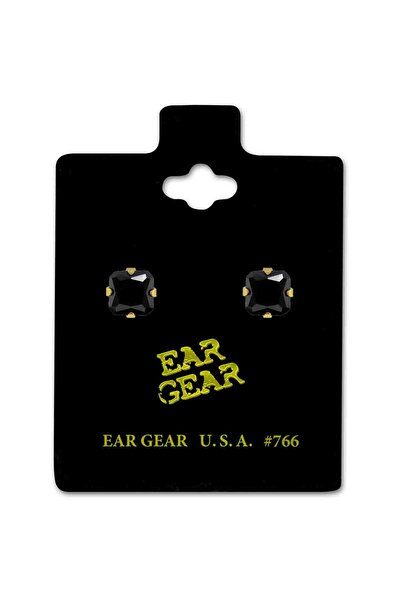 EAR GEAR Earring USA 24K Gold Plated with 6X6mm Black Cubic Zirconia Princess...