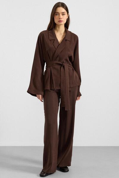 Olcay Oversize Modal Jacket with Belted Tie Brown 8287