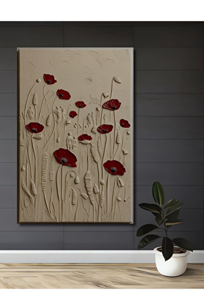 Teona Ahşap Kırmızı Gelincik Tarlası Figürlü Kabartma Tablo Ev,Ofis,Salon,Ant...