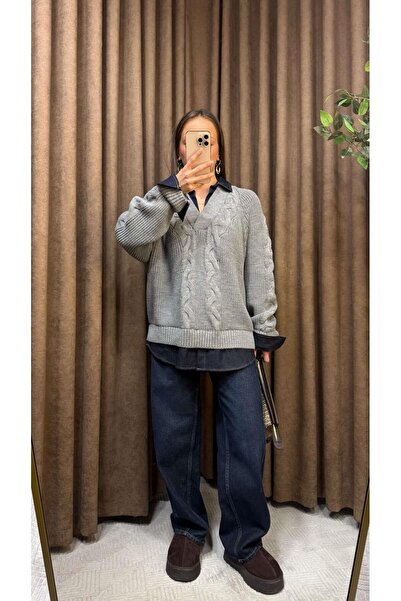 Maysa KOT DETAYLI ÖRGÜ TASARIM TRİKO KAZAK-GRİ