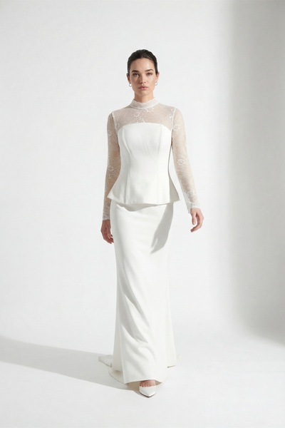 Lafaba Kadın Beyaz Dantel Detay Uzun Balık Abiye Elbise