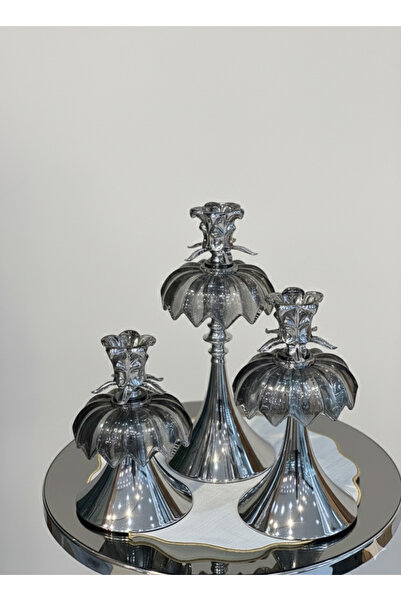 Furkan METAL KRİSTAL TAŞLI GÜMÜŞ 3'LÜ CAM DEKORATİF MUMLUK ŞAMDANLIK SETİ