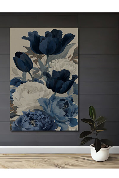 Teona Ahşap Lacivert ve Beyaz Lale Bahçesi Sulu Boya Görünümlü Ahşap Dekorati...