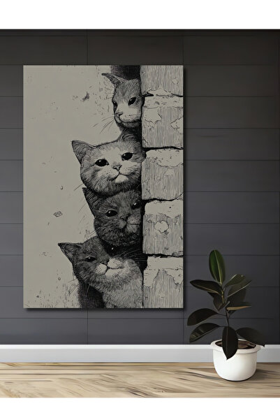 Teona Ahşap Karakalem Görünümlü Dört Kedi Baskı Ahşap Dekoratif Tablo Ev,Ofis...
