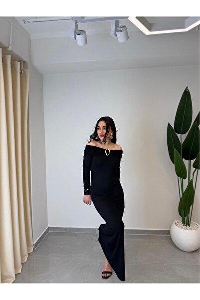 MARGA Madonna Yaka Aksesuar Detaylı Elbise Siyah