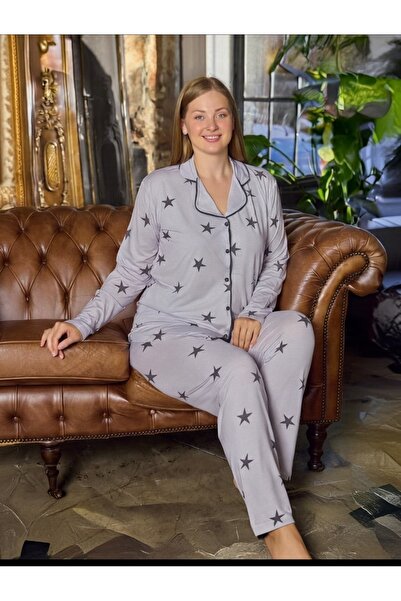 PİJALİNA TOPTAN PERAKENDE VE ONLİNE TEKSTİL Gray Star Patterned Plus Size Wom...