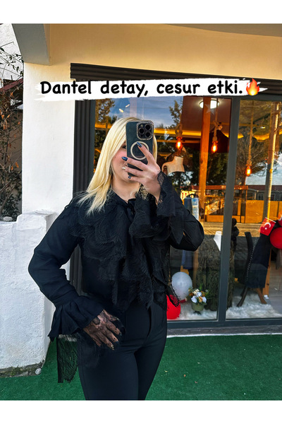 nefes butik Dantel Detaylı Şifon Siyah Bluz – Şık & Feminen Tasarım