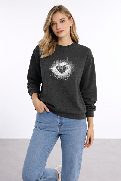 Polo State Women's Anthracite Heart Printed Regular Sweatshirt Daily Comforta...