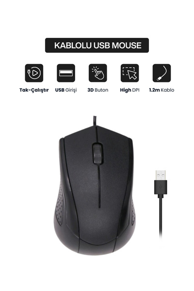 Concord USB Kablolu 3D Optik Mouse – 3 Tuş, Yüksek DPI Hassasiyetli Bilgisaya...