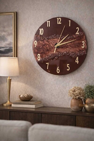 rustikhomedecor Epoksi Duvar Saati 30 cm – Doğal Taş Detaylı, Kahverengi Tonl...