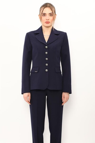 ÖNDER ÖZSOY Baby Collar Buttoned Classic Women's Jacket - Navy Blue