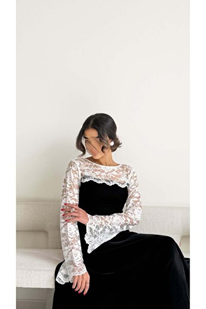 AYA MWJ014 -جلابيه مخمل مع اضافة الدانتيل الابيض