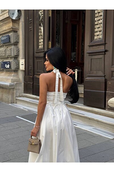 SEVENLINE Women's Yellow Halter Neck Gipe Detailed Lined Poplin Fabric Maxi D...