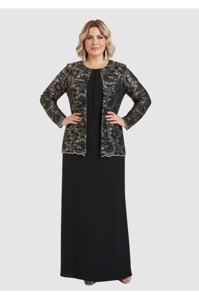 LİLAS XXL Büyük Beden Siyah Renkli Krep Kumaş Uzun Abiye Elbise