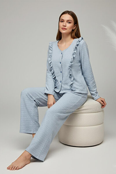 FİT WOMEN FIRFIRLI V YAKALI ÖNÜ DÜĞMELİ UZUN KOLLU PİJAMA TAKIMI 4451