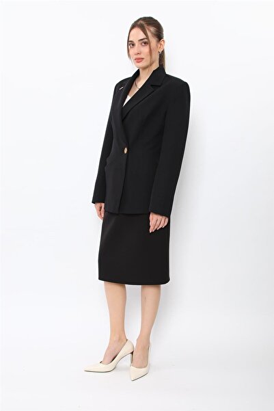 ÖNDER ÖZSOY Pleated Double Breasted Single Button Jacket & Short Pencil Skirt...