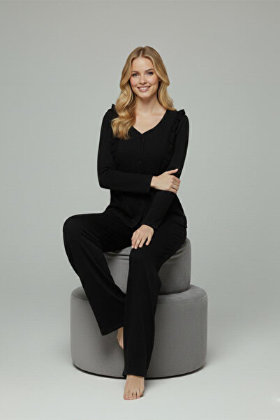 FİT WOMEN FIRFIRLI V YAKALI ÖNÜ DÜĞMELİ UZUN KOLLU PİJAMA TAKIMI 4451