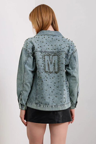 Hatun Atila Denim Jacket with m Letter Embroidery on the Back and Pearls 7661