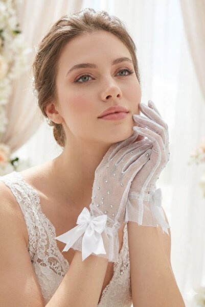 Hobigram Atelier Noire – Stone Detailed Tulle Bridal Gloves Wedding Engagemen...