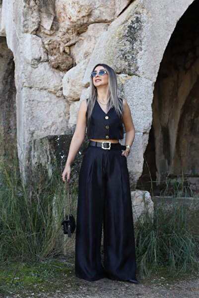 bytugcekaya Black Shiny Satin Vest and Pants Set