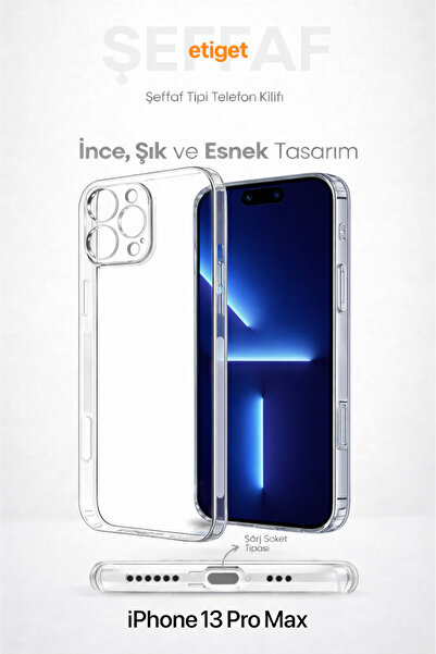 iPhone 13 Pro Max Şeffaf Silikon Kılıf – Şarj Yeri Tıpalı, Kaymaz Kenarlı