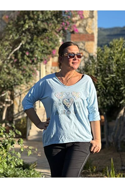 Punta Otantik Yg27080 Amour Printed Italian Coton Blouse Baby Blue