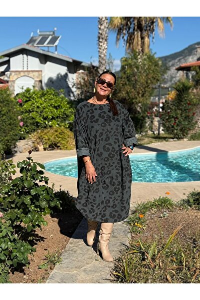 Punta Otantik Yg12231 Leopard Patterned Italian Velvet Dress Smoked