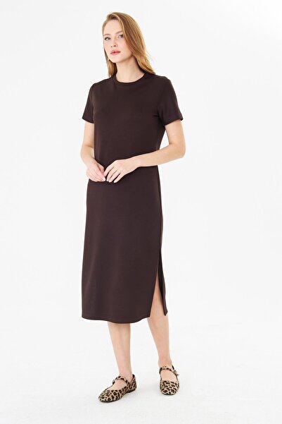 Sortie Women's Crew Neck Modal Dress with Side Slits - Brown