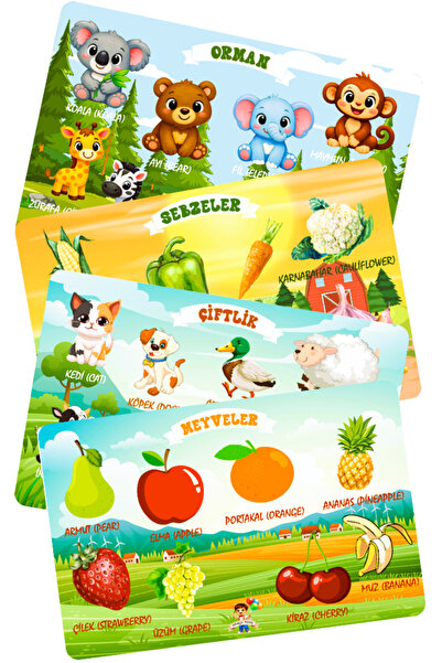 Minçu Toys Ahşap Türkçe-İngilizce 4'lü Set,Öğretici Yapboz, Zeka Geliştirici ...