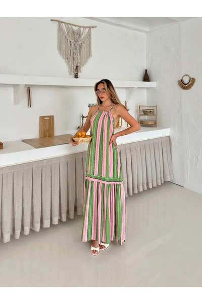 soBasic Striped Halter Neck Cotton Long Dress
