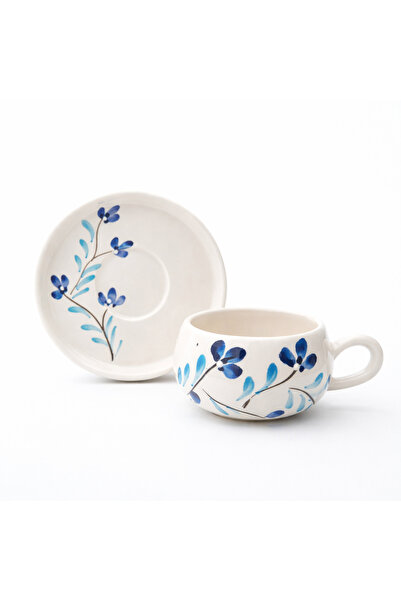 evlashop Mavi Çiçek Desenli Seramik Tabaklı Fincan/Kupa/Mug