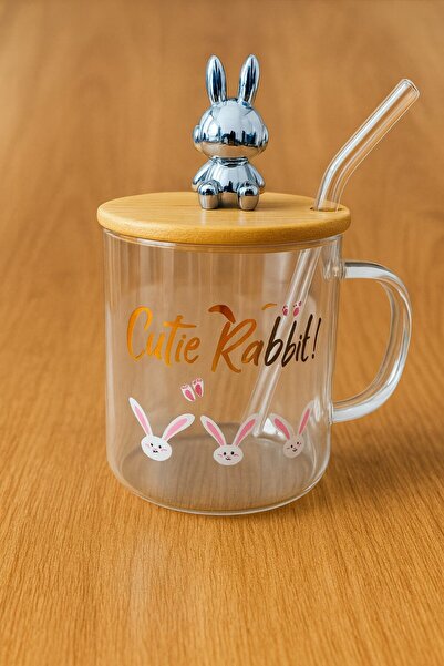 peanelife كوب زجاجي على شكل أرنب لطيف - كوب جميل مع غطاء من الخيزران وقشة للشرب