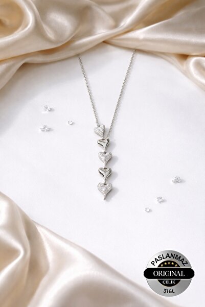 Lynare 5 Hearts in Row Y Necklace 316L Steel Necklace Valentine's Day Gift Sp...