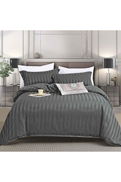 Talis Lenjerie de Pat 1 Persoana cu elastic Damasc Stripe Gri inchis 4 Piese,...