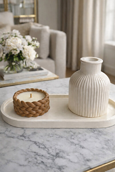 YİĞİTER Handmade Stone Powder Decorative Tray Set |   Candle Holder and Vase