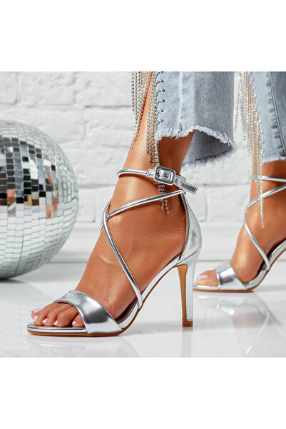 Zaira Sandale Dama cu Toc Kendall Argintii #15519 - 37