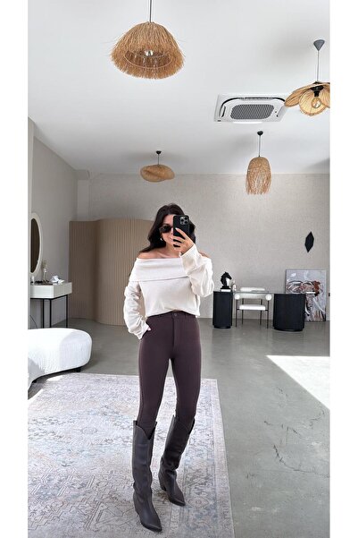 Buket Teke Brown Matte Buttoned Steel Leggings Trousers