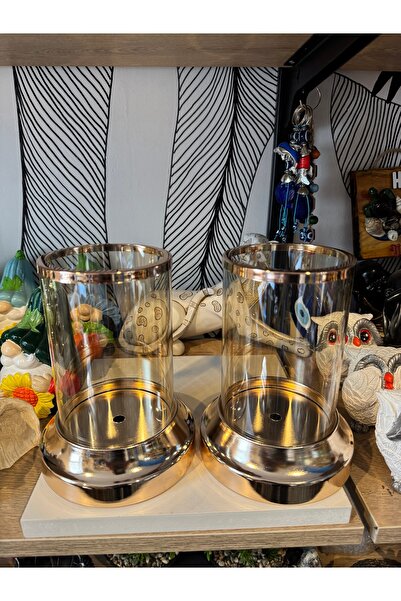 Atak Hediyelik Dekoratif Büyük silindir eskitme 2’li mumluk gold ithal