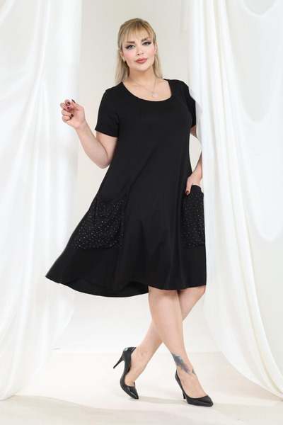 MELSAY Women's Black Short Sleeve Pocket Stone Printed Plus Size Dress