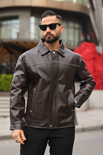 BASEL.CO Men's Retro Leather Jacket with Stitching Detail