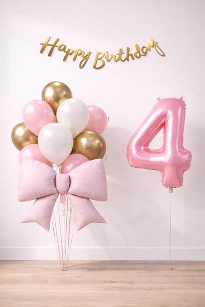 Patladı Gitti Pink Bow 4 Year Old Birthday Balloon Set
